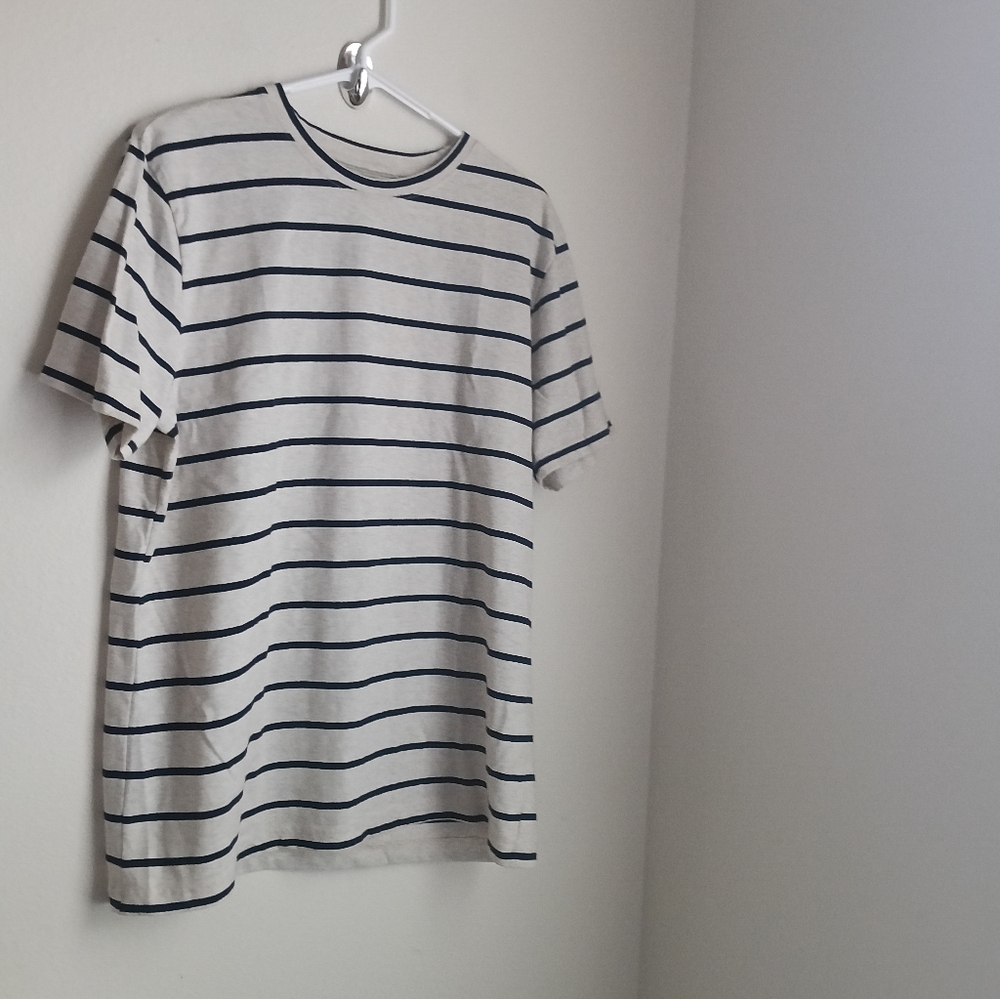 Denim & Flower Shirt Men L Cream and Black Striped Short Sleeve Casual Vacation
